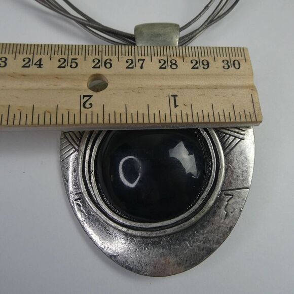Large Brutalist Abstract Black Silver Tone Pendant on Sterling Dyadema Necklace - Picture 12 of 13